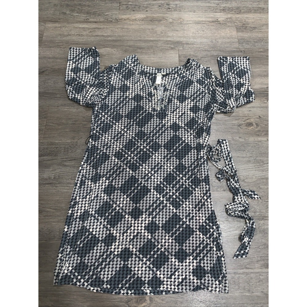 Emma & Michele Houndstooth Plaid Shirt Dress Black White XL
